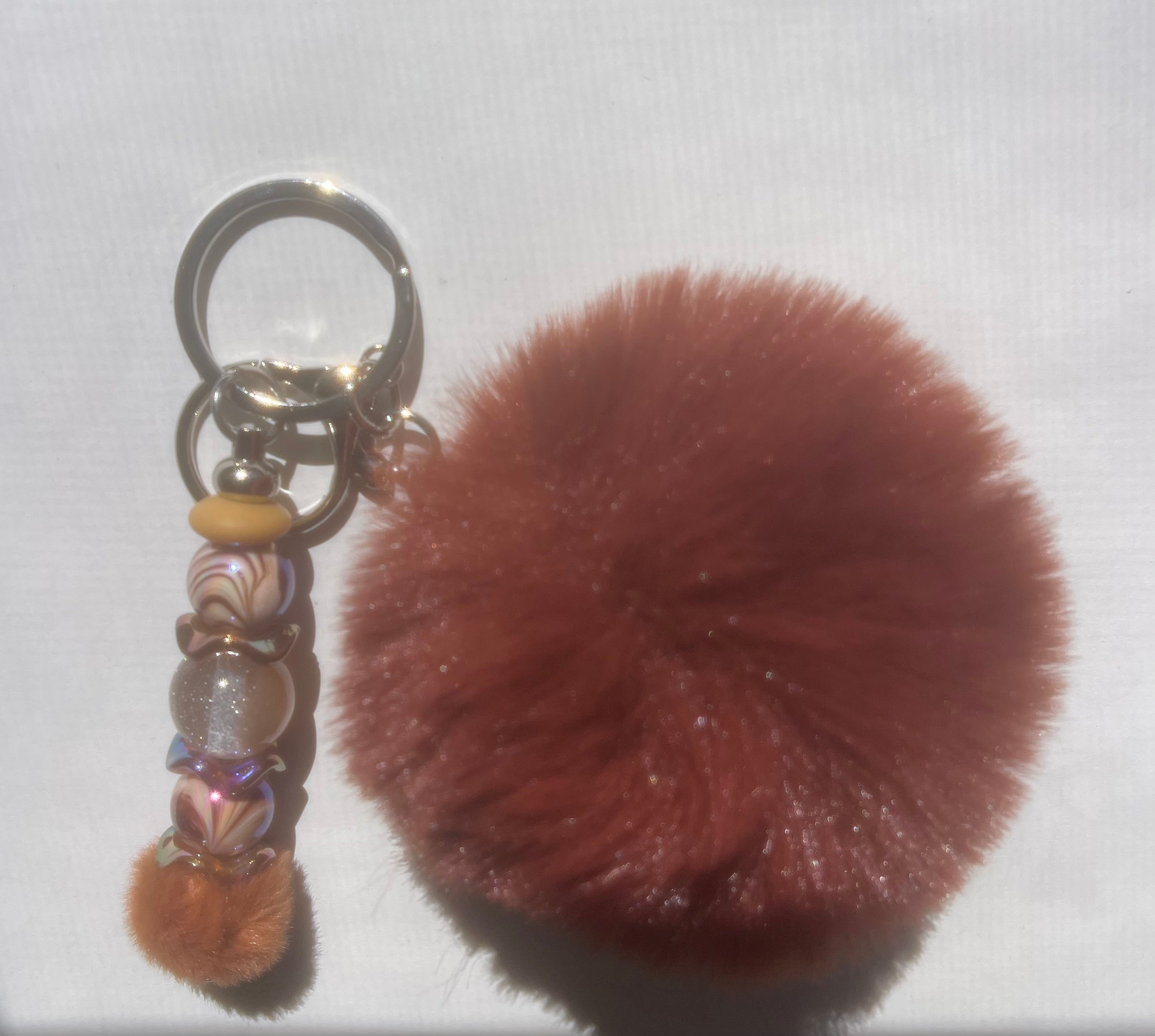 Brown Beaded Pom Keychain
